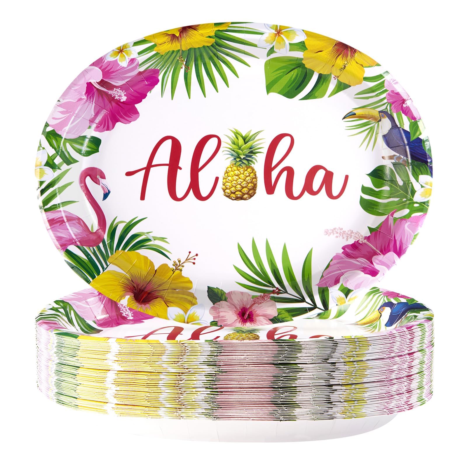 50Pcs Hawaiian Luau Oval Paper Plates 10" X 12" Disposable Tropical Aloha Party Supplies Heavy Duty Hawaiian Hibiscus Floral Luau Party Plate for