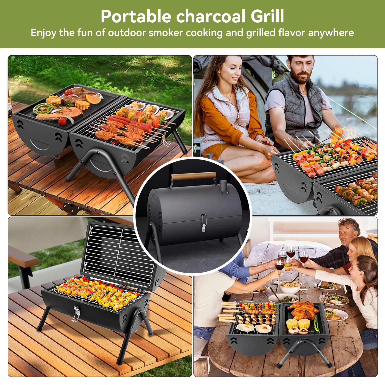 Barbecue au charbon de bois Petit Grill Pliable Double Surface de Cuisson BBQ Mini Grill en Valise avec Couvercle Grill de Table Portable pour Camping en Plein Air, Balcon et Pique-Nique