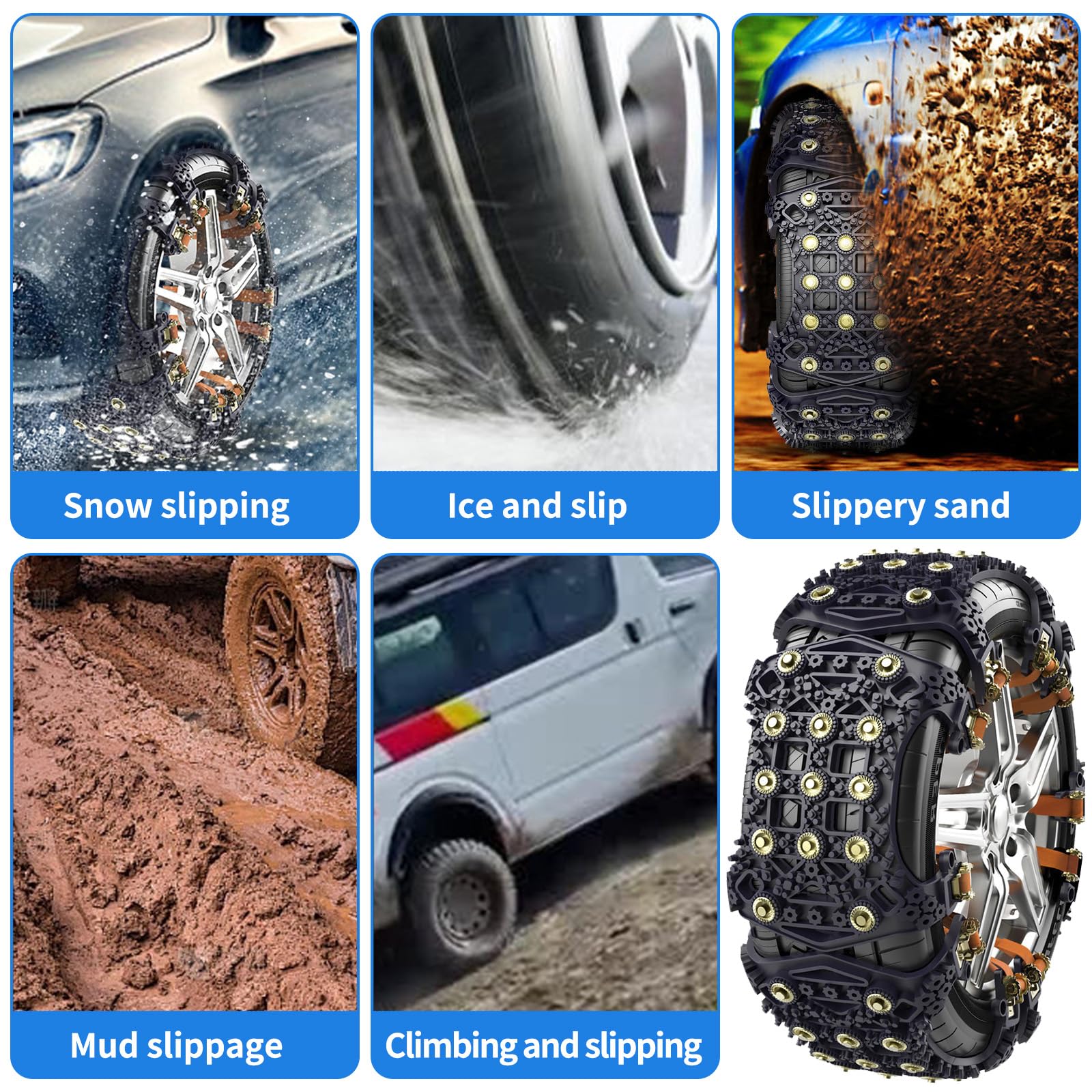 Lot de 6 chaînes à neige universelles Chaînes antidérapantes pour la plupart des voitures, camions et SUV