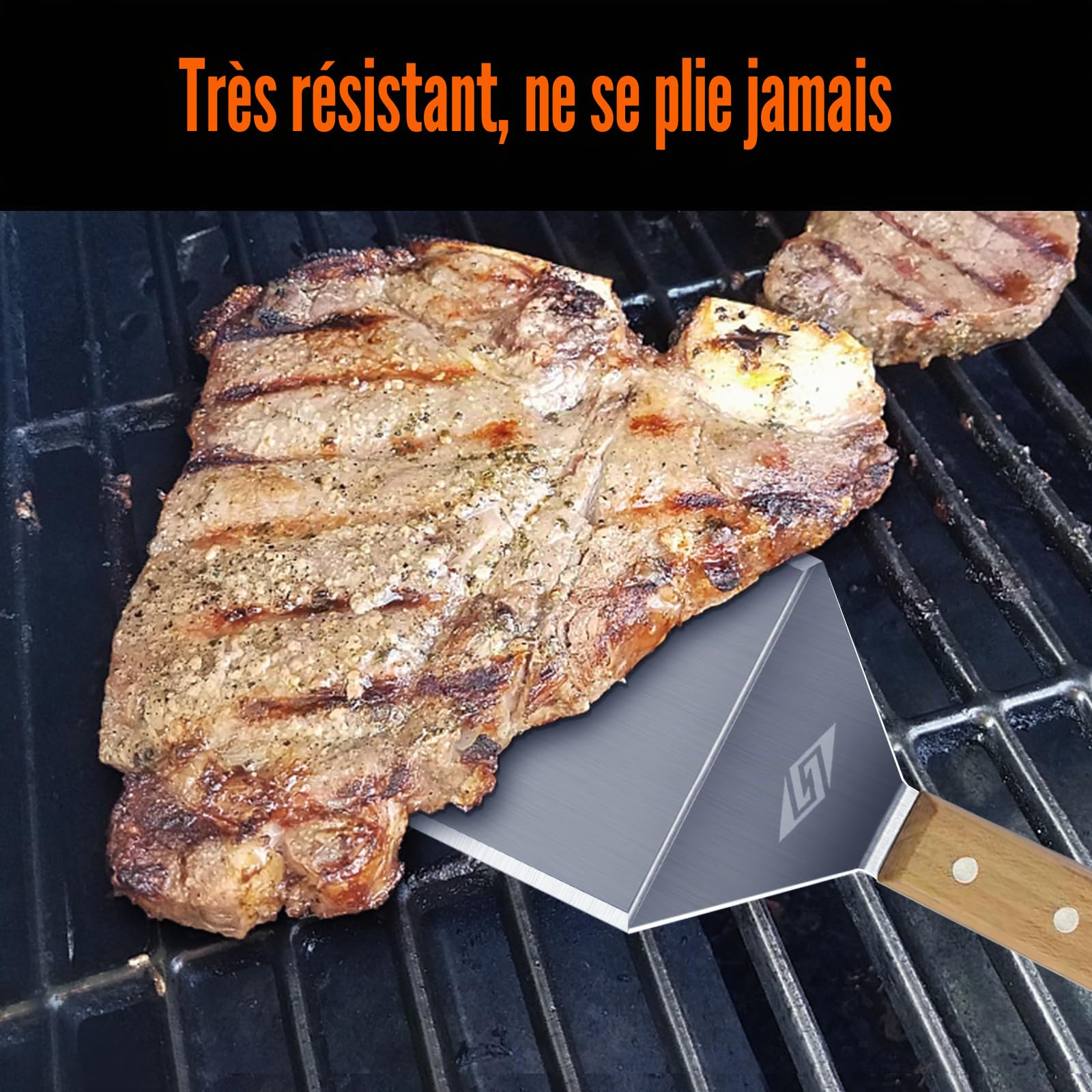 STEVEN-BULL Ensemble d'Outils de Barbecue - Spatule en Acier Inoxydable pour Plancha et Teppanyaki - 15,5 x 13,5 cm, Manche en Bois - Cadeaux pour Hommes
