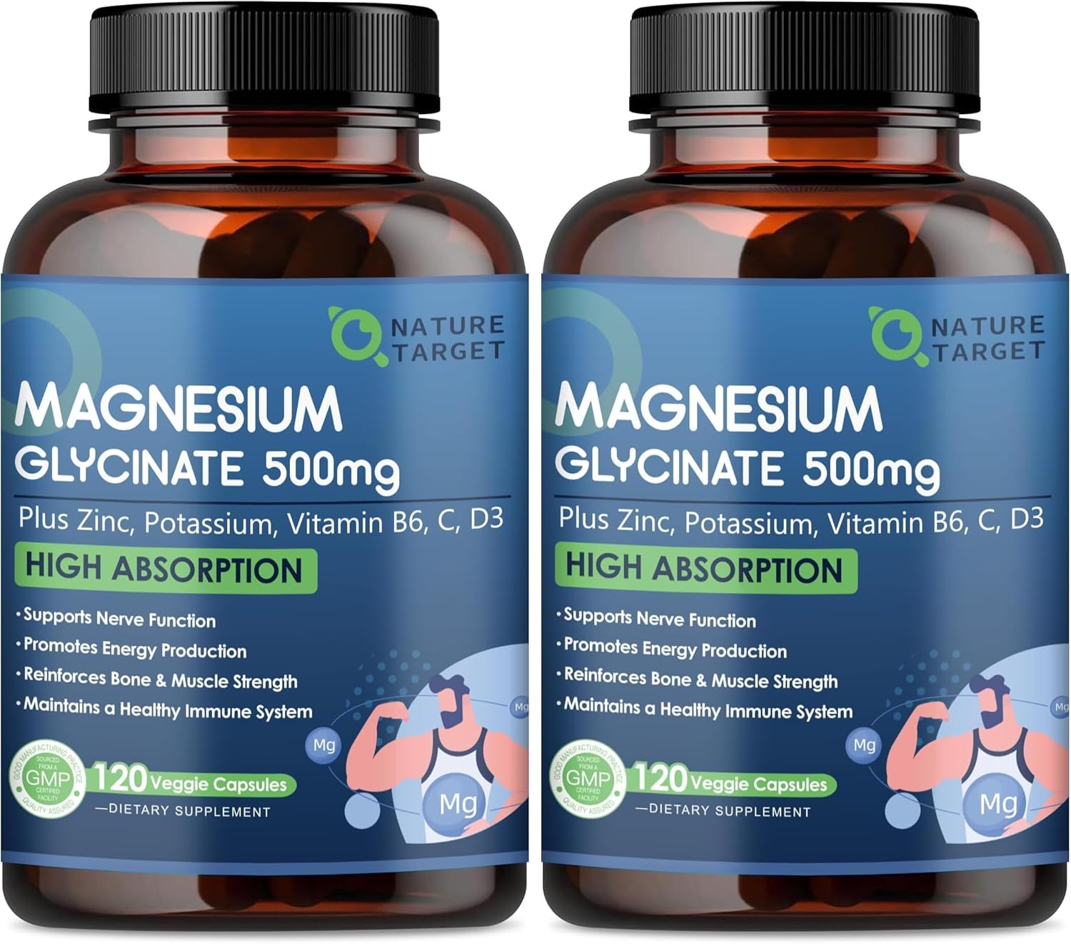 NATURE TARGET Magnesium Glycinate 500mg, Chelated Magnesium with Zinc & Vitamin D3 for Muscle, Nerve & Bone, Support Heart Health & Leg Cramp, Strength Immune System - 120 Capsules (Pack of 2)