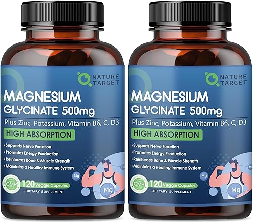 Miniatura 8 de NATURE TARGET Glicinato de Magnesio 500mg, Magnesio Quelado con Zinc y Vitamina D3 para Músculos, Nervios y Huesos, Apoya la Salud del Corazón y los