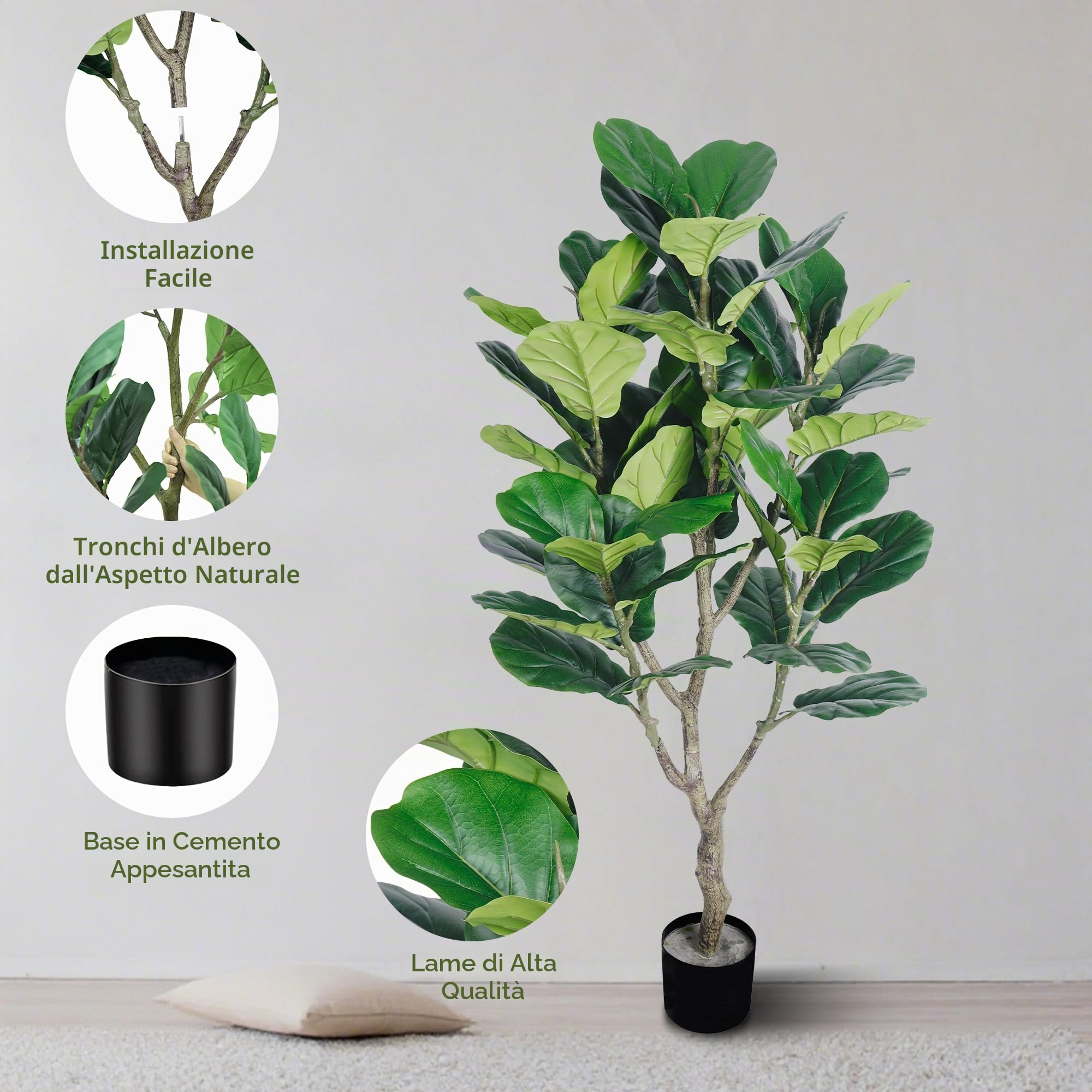 Albero di fico artificiale a foglia di violino alto, 137 cm, con tronco in legno naturale per decorazione domestica, albero di ficus finto per interni, ufficio, soggiorno