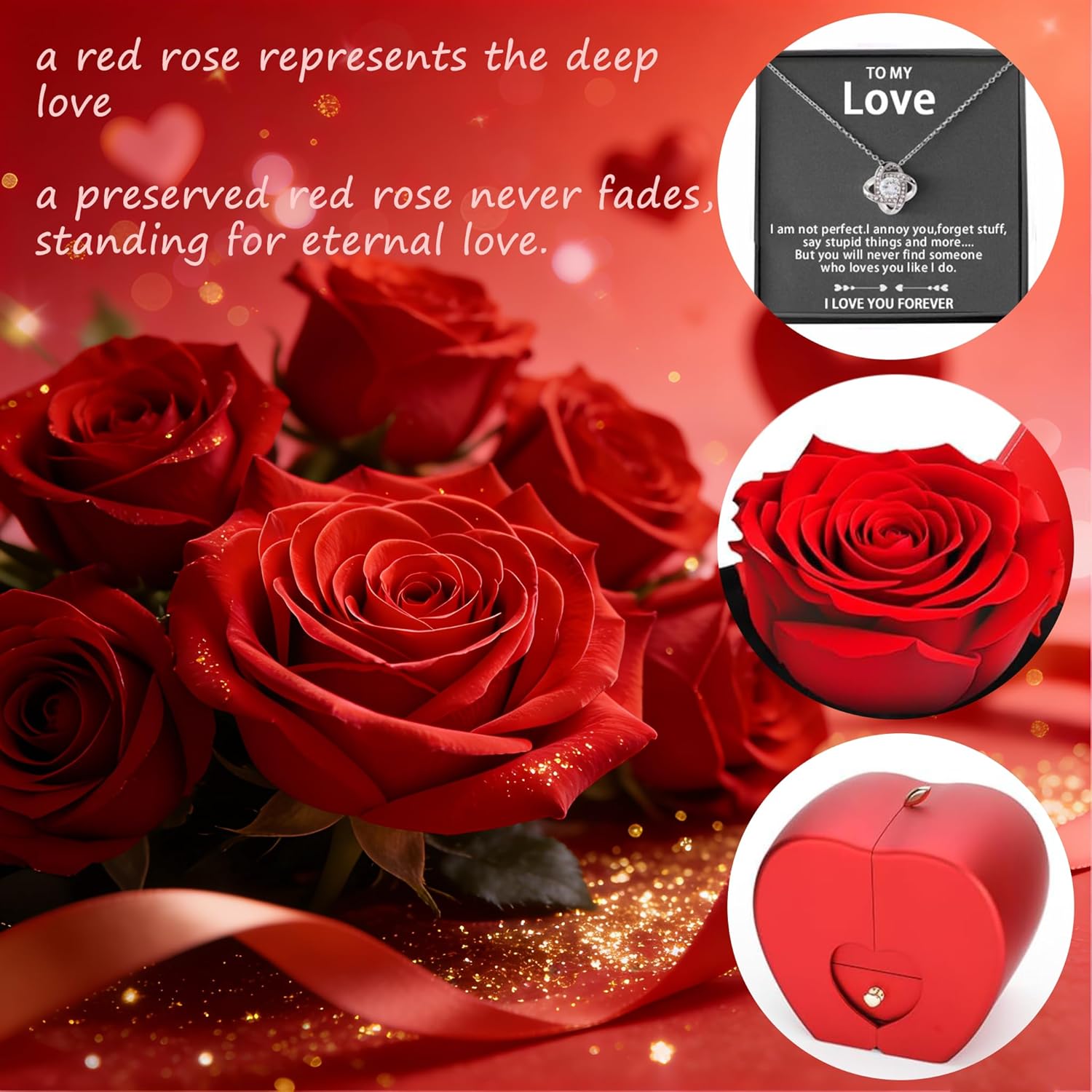 Forever Rose in Glass Box with Love Necklace, Preserved Eternal Rose & Jewelry Gift for Wife, Girlfriend or Mom, Valentine's Day Gift to Cherish, Regalos para Novia