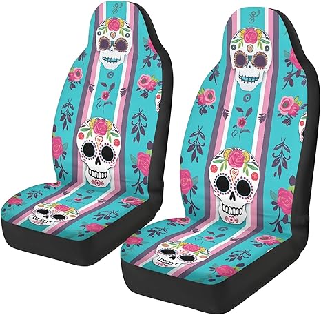 Mexican Sugar Skull Floral Print Car Seat Covers 2pc Front Seats Only Automotive Accessories Breathable Universal Bucket Seat Cover Fit for Cars & Vans