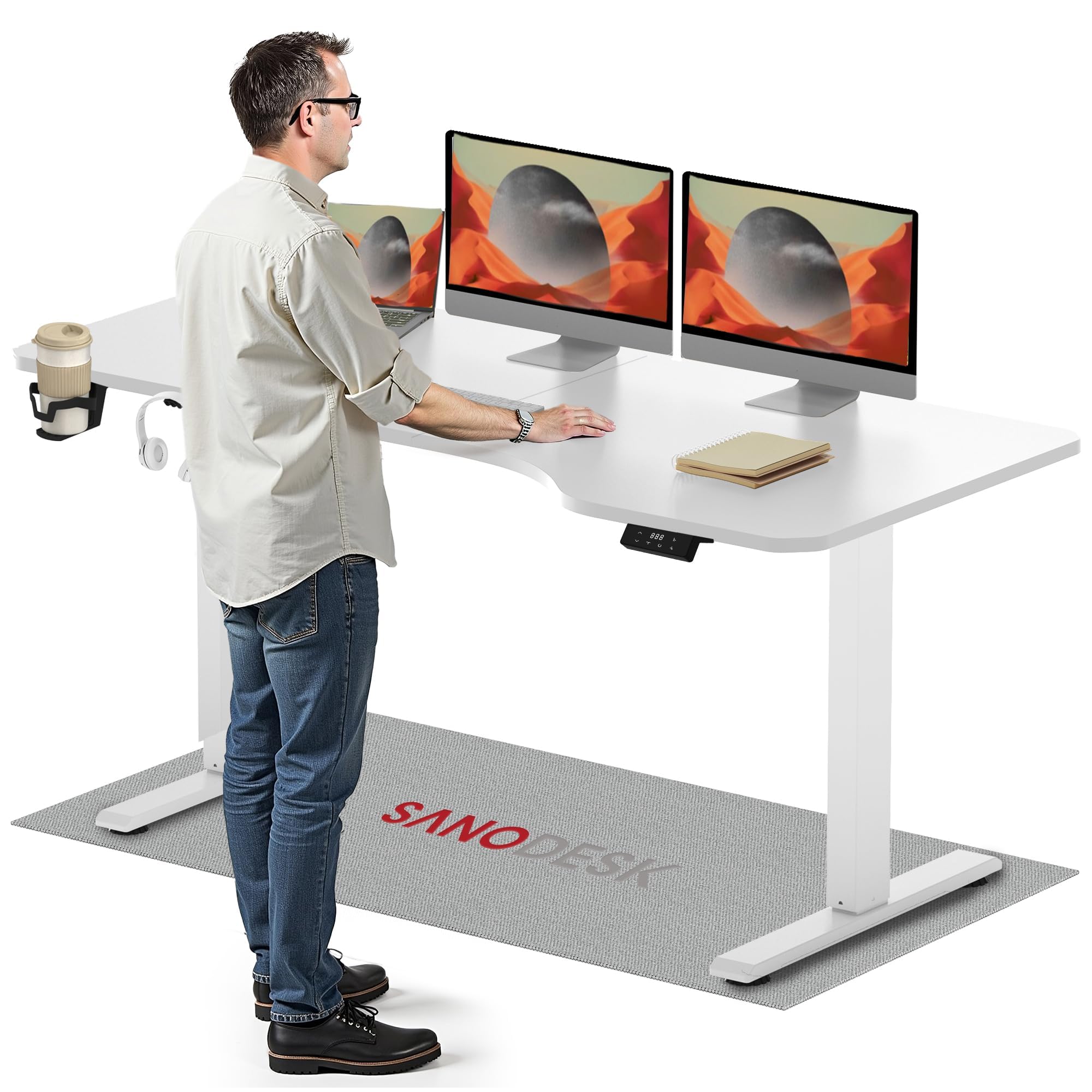 SANODESK 160×75CM Electric Standing Desk Height Adjustable Corner Standing Desk with Hooks and Cupholder Sit Stand Table Adjustable Desk with Memory Smart Pannel for Home Office