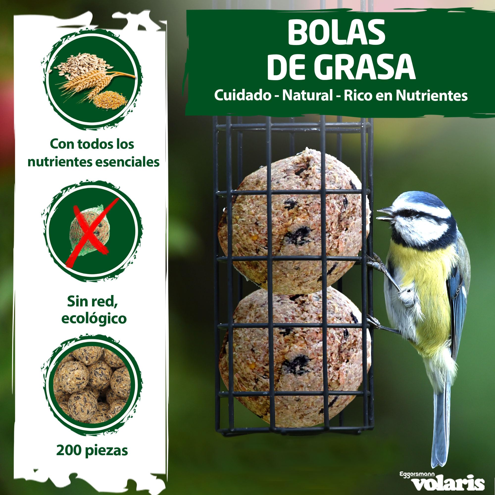 Eggersmann volaris Bolas de sebo sin red 200 piezas 18 kg Bola de sebo | Bola de granos para aves silvestres | Alimento nutritivo para todo el año para todas las especies de aves | Bolitas para
