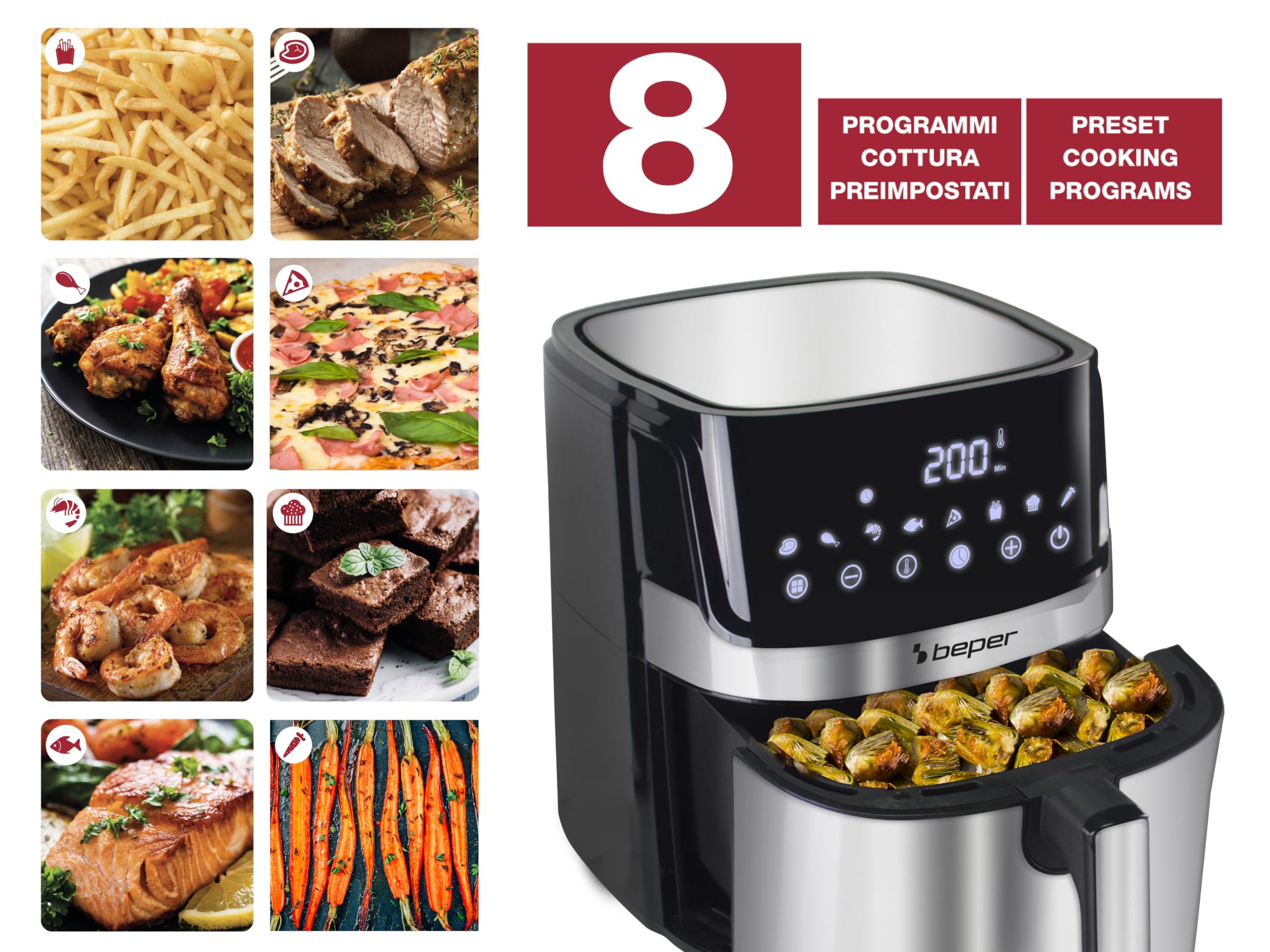 BEPER P101FRI070 Kwadratowa frytkownica na gorące powietrze, cyfrowa frytkownica 7 l, smażenie bez oleju, wyświetlacz dotykowy, 8 programów, regulacja do 200°C, timer 60 minut, automatyczne
