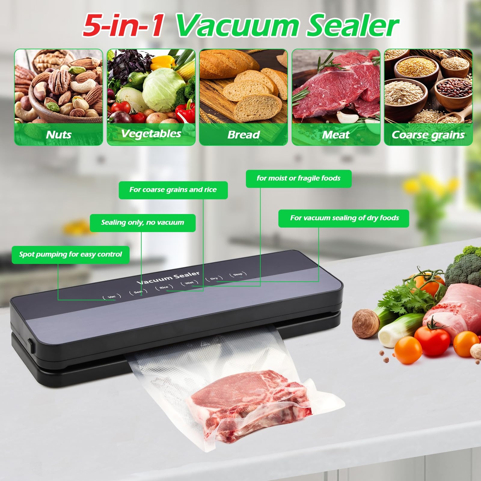 Sigillatrice sottovuoto 5 in 1 con potente aspirazione da 65 KPA, macchina sottovuoto per alimenti, con 10 sacchetti sottovuoto, barra di tenuta più lunga di 30 cm, per conservare alimenti freschi e