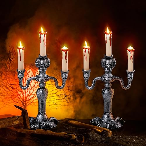 JOYIN 2 candelabros de calavera para decoración de Halloween, luces LED para interiores, soporte para velas, mesa para el hogar, decoración de
