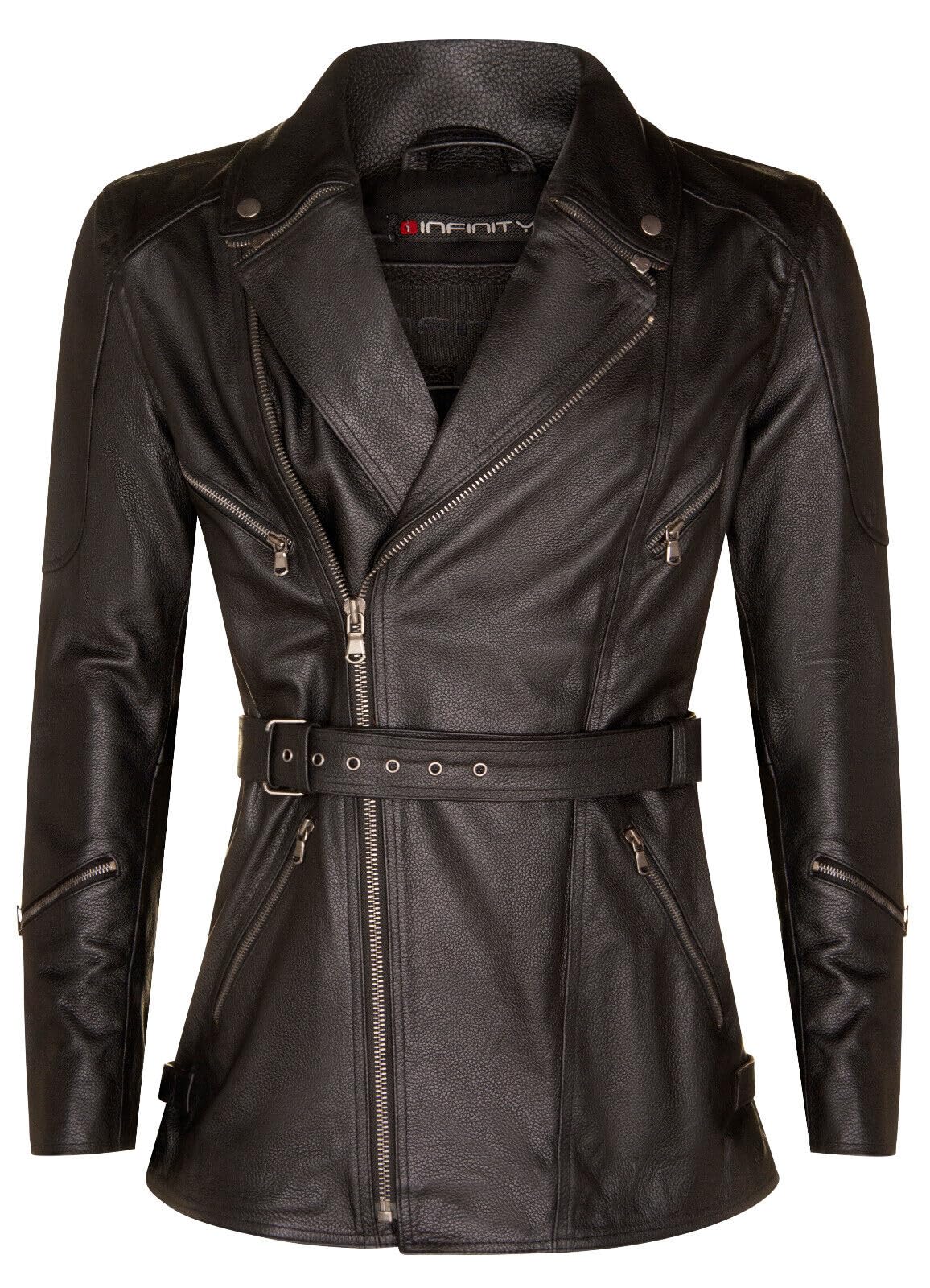 Giacca Moto Uomo In Pelle 3/4 – Infinity Leather – Con Armatura CE, Cerniera Incrociata, Tasche Multiple, Nera