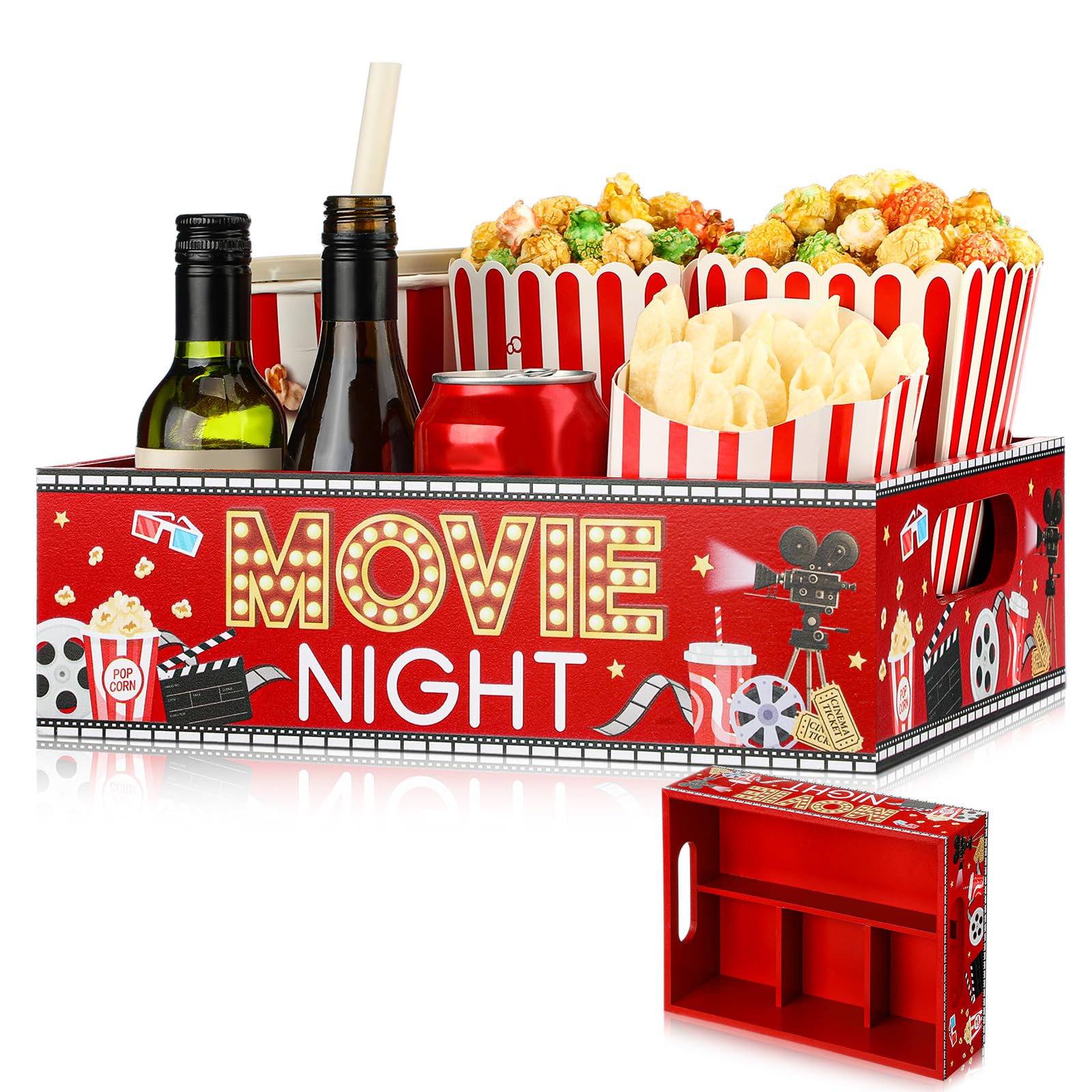 GlikCeil Bandeja de aperitivos con asas y 4 compartimentos para teatro, palomitas de maíz, reutilizable, cesta de regalo de noche de película, soporte organizador para decoración de sala de cine