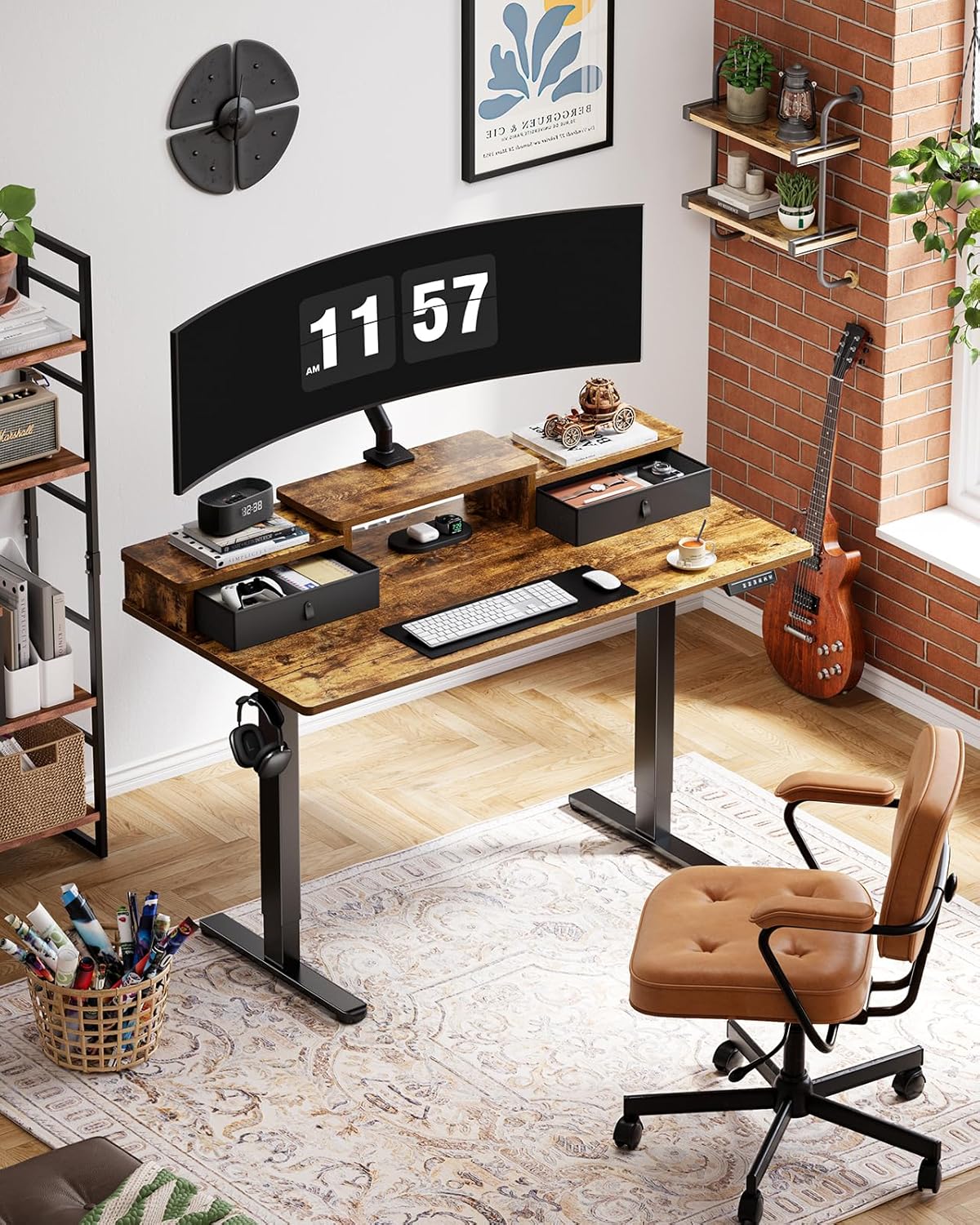 Marsail 48″ x 24″ Electric Standing Desk with Drawers, Height Adjustable Sit Stand Up Desk with Storage Shelf, Ergonomic Home Office & Computer Table with 4 Memory Heights, Rustic Brown