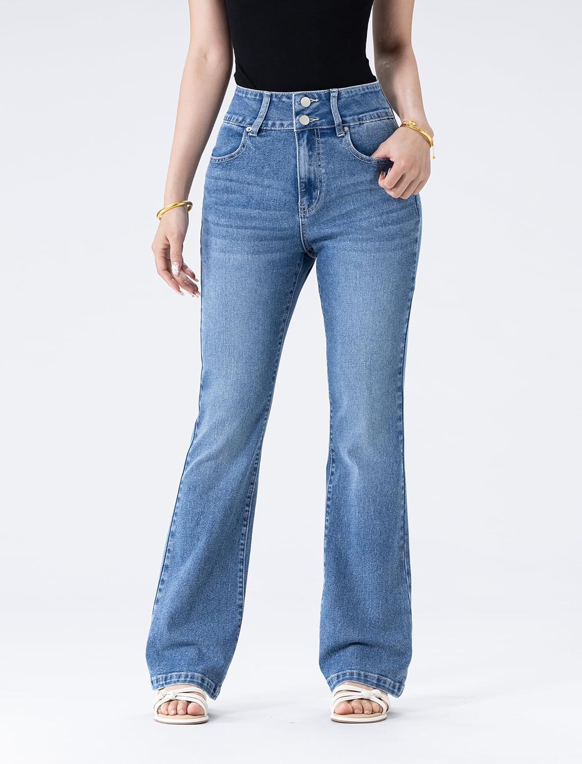 Women's Wide Leg Flare Jeans,High Waisted Baggy Stretch Denim Pants - Image 4