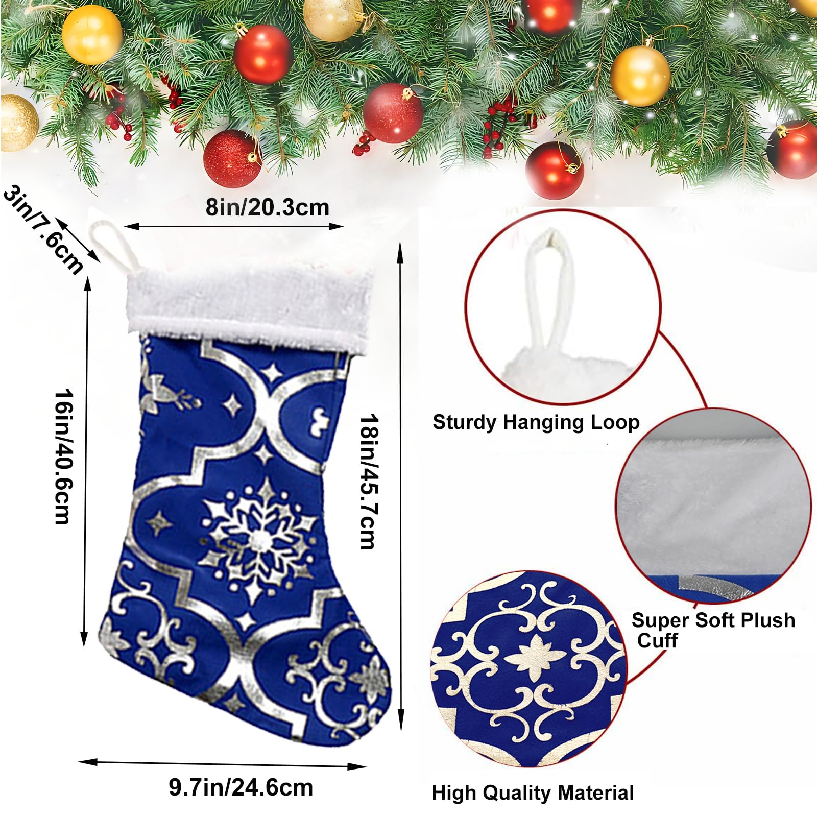 SquarePie Christmas Stockings 18 inches 6 Pack Royal Blue Large Hanging Snowflake Socks Xmas Bags Ornaments for Family Party Holiday Decor