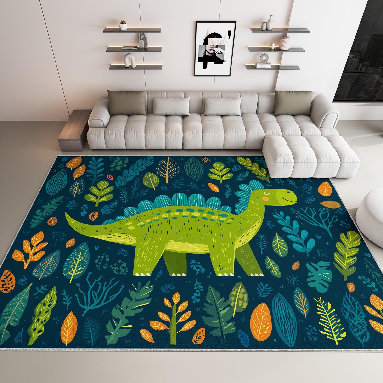 Grand tapis salon lavable 160x230 cm dinosaure jungle scandinave antidérapant