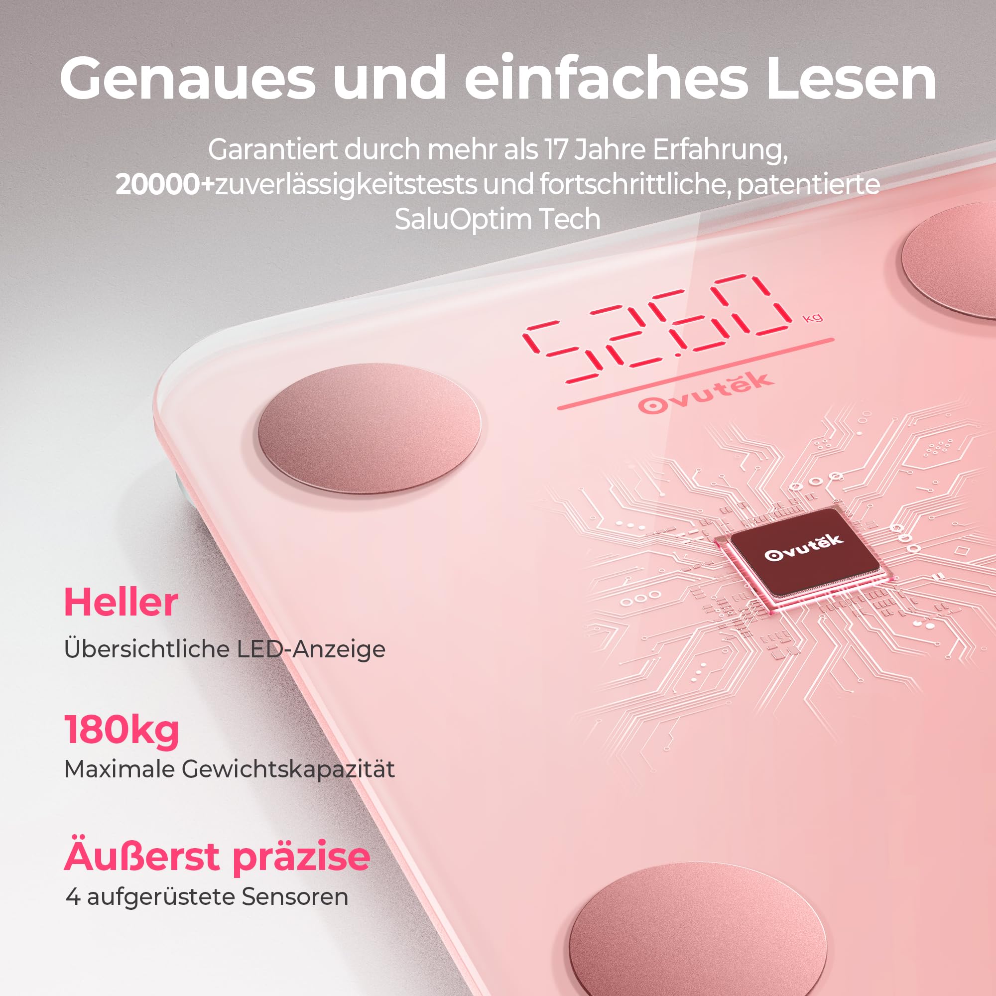 Ovutek Personenwaage Körperfettwaage für Körperfett, Körperwaage Digital mit Frei Smartphone-App BMI-Waage Genaue 14 Körperzusammensetzung, Rosa Waage Personen 180kg