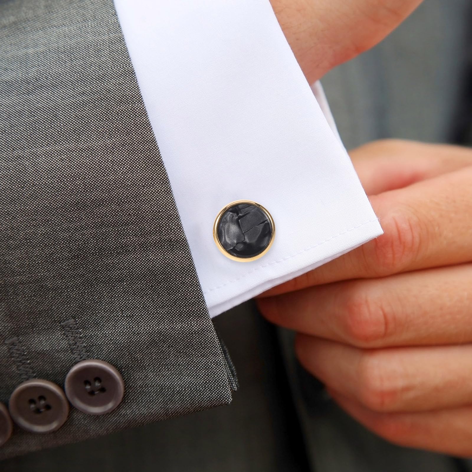 1 set di gemelli da uomo e bottoni da smoking: 1 paio di gemelli con 6 bottoni abbinati, accessori da smoking con intarsio in conchiglia per matrimoni o eventi, eleganti