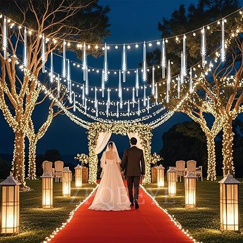 Miniatura 6 de Luces de lluvia de meteoritos para exteriores, luces de Navidad de 24 tubos 576 LED, cadena de luces de carámbano en cascada de nieve para árbol de