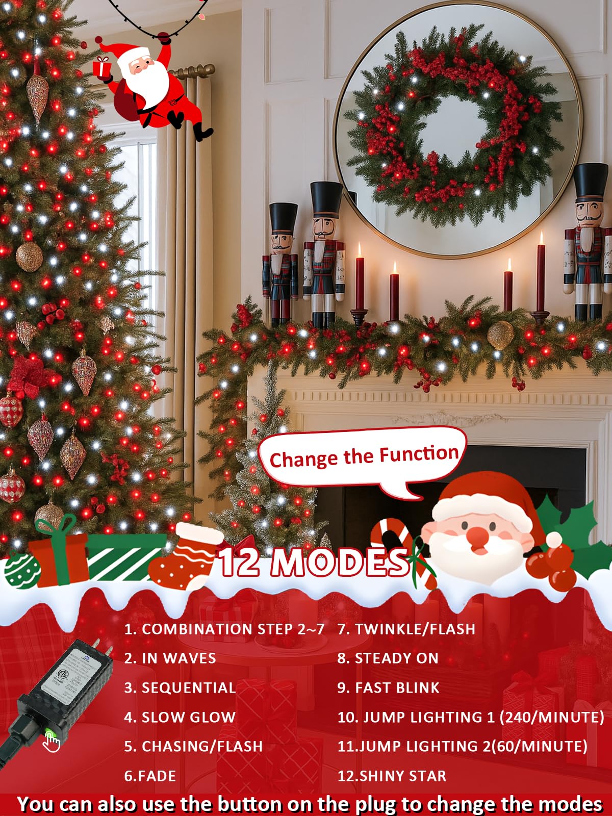 Luces de Navidad inteligentes controladas por voz para exteriores, 200 luces LED extensibles de 75 pies con 6 comandos de voz, 12 modos y temporizador, decoraciones navideñas impermeables para árbol