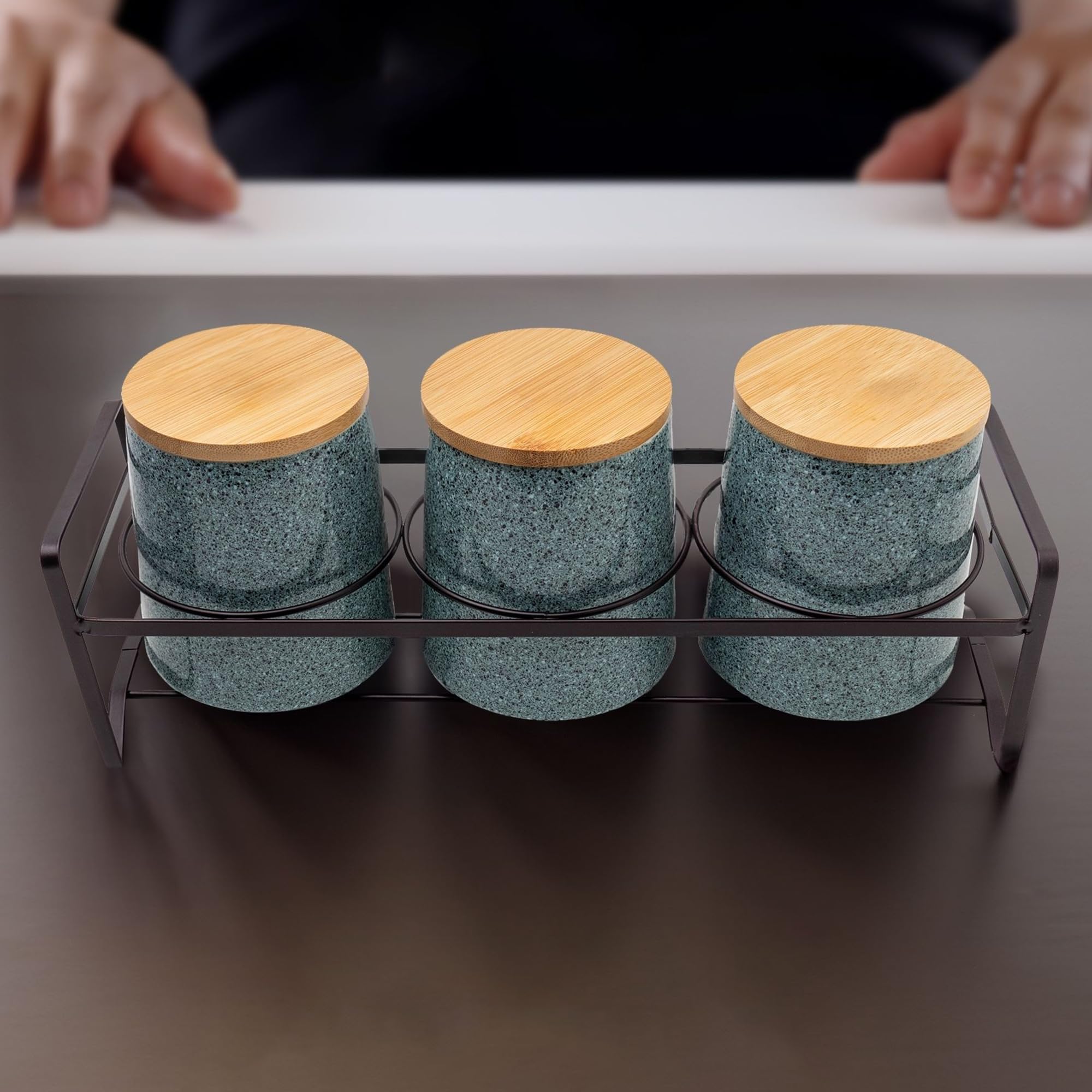 Kuber Industries Set of 3 (650ml) Airtight Ceramic Salt Jar Storage Set with Bamboo Wooden Lid & Iron Stand For Kitchen Condiment | Chini Mitti Barni Pots Container for Spices | Grey-HHD5013S-GY