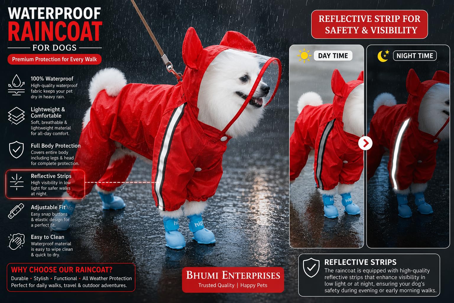 Dog Raincoats Rain Snow Coats Waterproof Clothing (4 Four Legs) Raincoat Full Cover Dogs Hooded Transparent (with Decorative Hooded Ears) (Red, 16,) 2