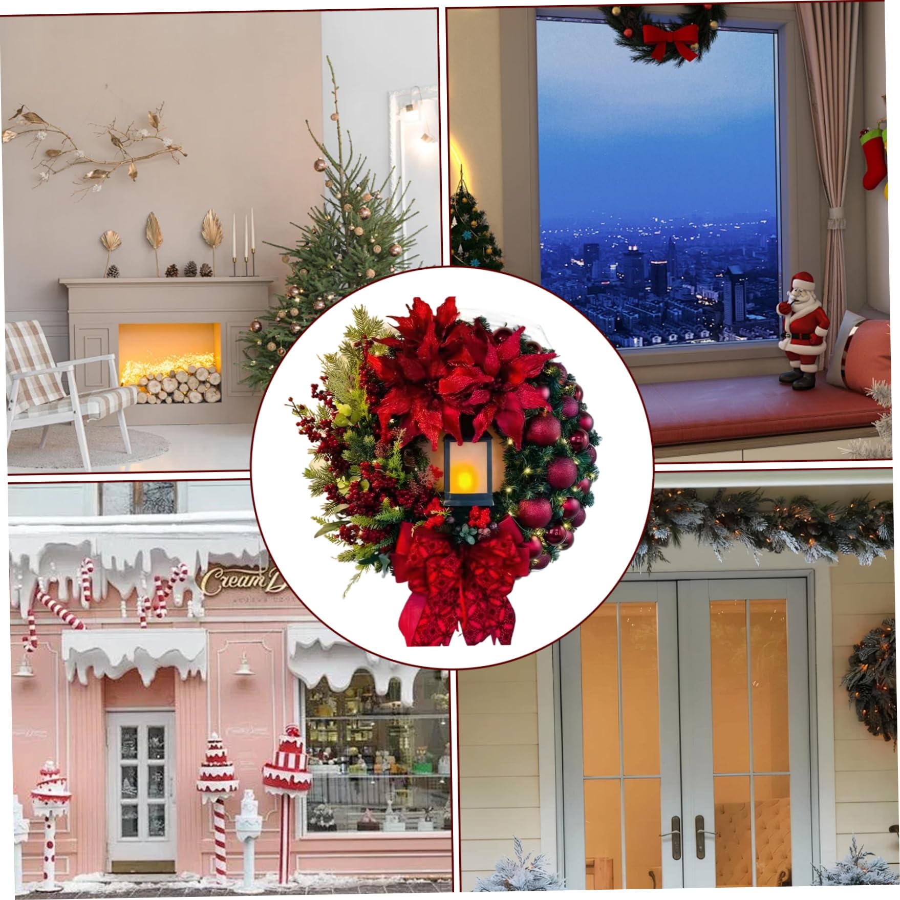 16 Coronas navideñas para Puerta de Entrada con luz y Lazo - Corona de Puerta roja Artificial para decoración Interior y Exterior - Navidad