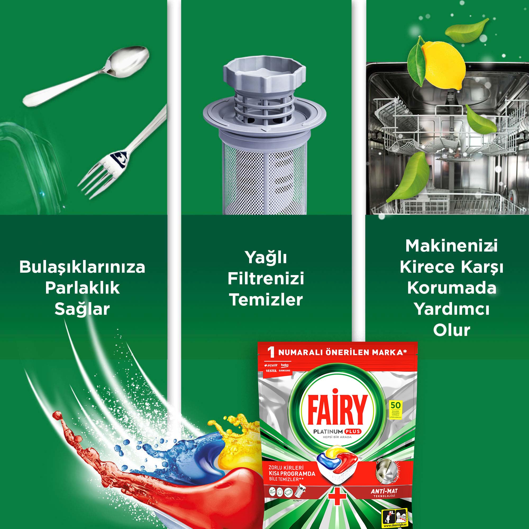 Fairy Platinum Plus, Kapsułki do zmywarki, All-in-One, Cytrynowe, 50 sztuk (2 x 25), Z funkcją nabłyszczania i ochroną szkła