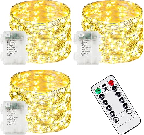 Miniatura 28 de Paquete de 4 luces de hadas que funcionan con pilas con temporizador de control remoto, tira de luces LED para decoración de interiores