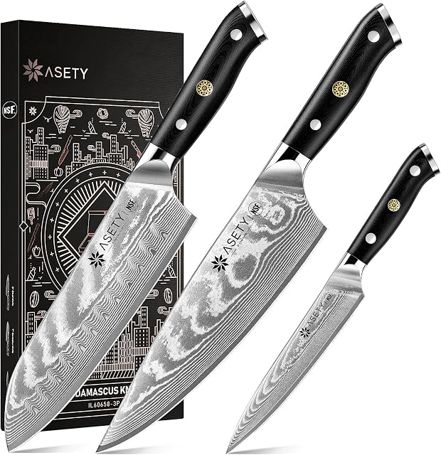 Damascus Knife Set 3 PCS: Ultra-Sharp Professional Chef Knife Set, Japanese Kitchen Knives with VG10 Steel Core, Full Tang G10 Handle, Elegant Box