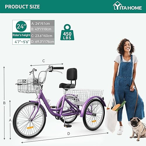 Miniatura 2 de YITAHOME Triciclo para adultos, bicicletas de 3 ruedas de 24 y 26 pulgadas, bicicleta de triciclo de 1 velocidad para adultos con cestas extraíbles,
