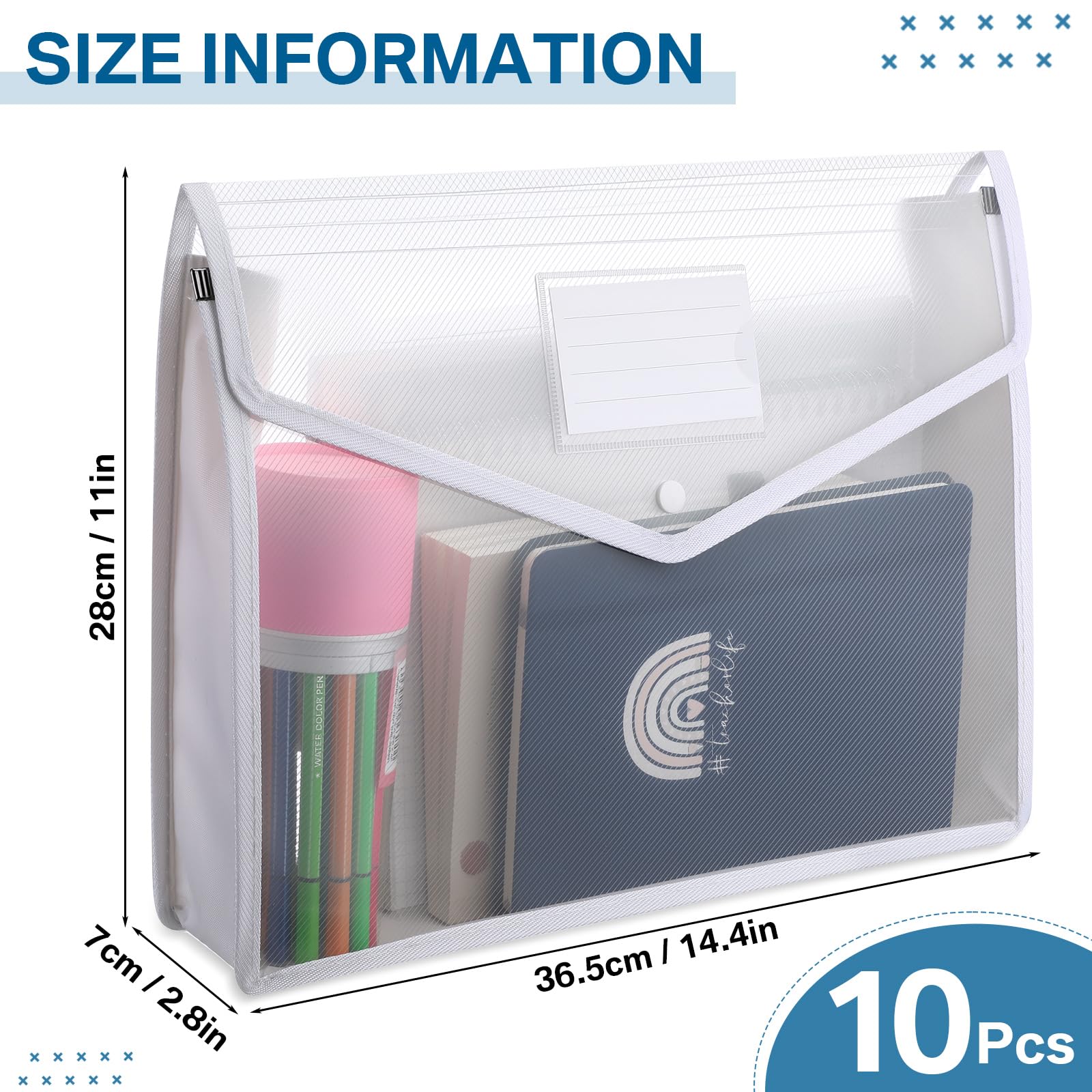 Plastikowe teczki na dokumenty, koperta, rozszerzany, portfel, organizer na dokumenty, teczka z zapięciem na zatrzask i kieszenią B4, wodoodporne, przezroczyste etui do szkoły, biura, białe, poziome