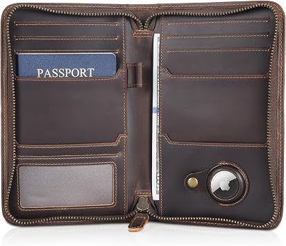 Polare Full Grain Leather Passport Holder Cover Case for Men RFID Blocking Travel Wallet Holds 4 Passports Dark Brown with AirTag Slot