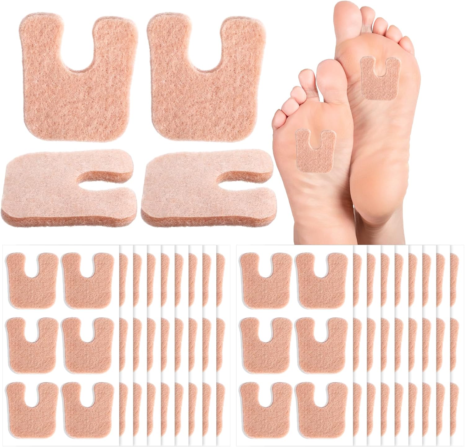 90 Pcs U-Shaped Callus Pads, Soft Self Adhesive Callus Cushions Skin-Colored Felt Foot Pads for Relieve Foot Pressure, Protect Calluses, Women, Men