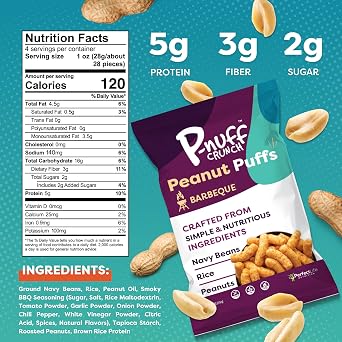 Pnuff Crunch Peanut Butter Puffs - Healthy Snacks, Low Calorie Snacks, Gluten Free Snacks, Vegan, High Protein, Keto, Office Snacks, Low Sugar, as Seen on Shark Tank - Barbeque, 4 Oz Bag (Pack of 6)