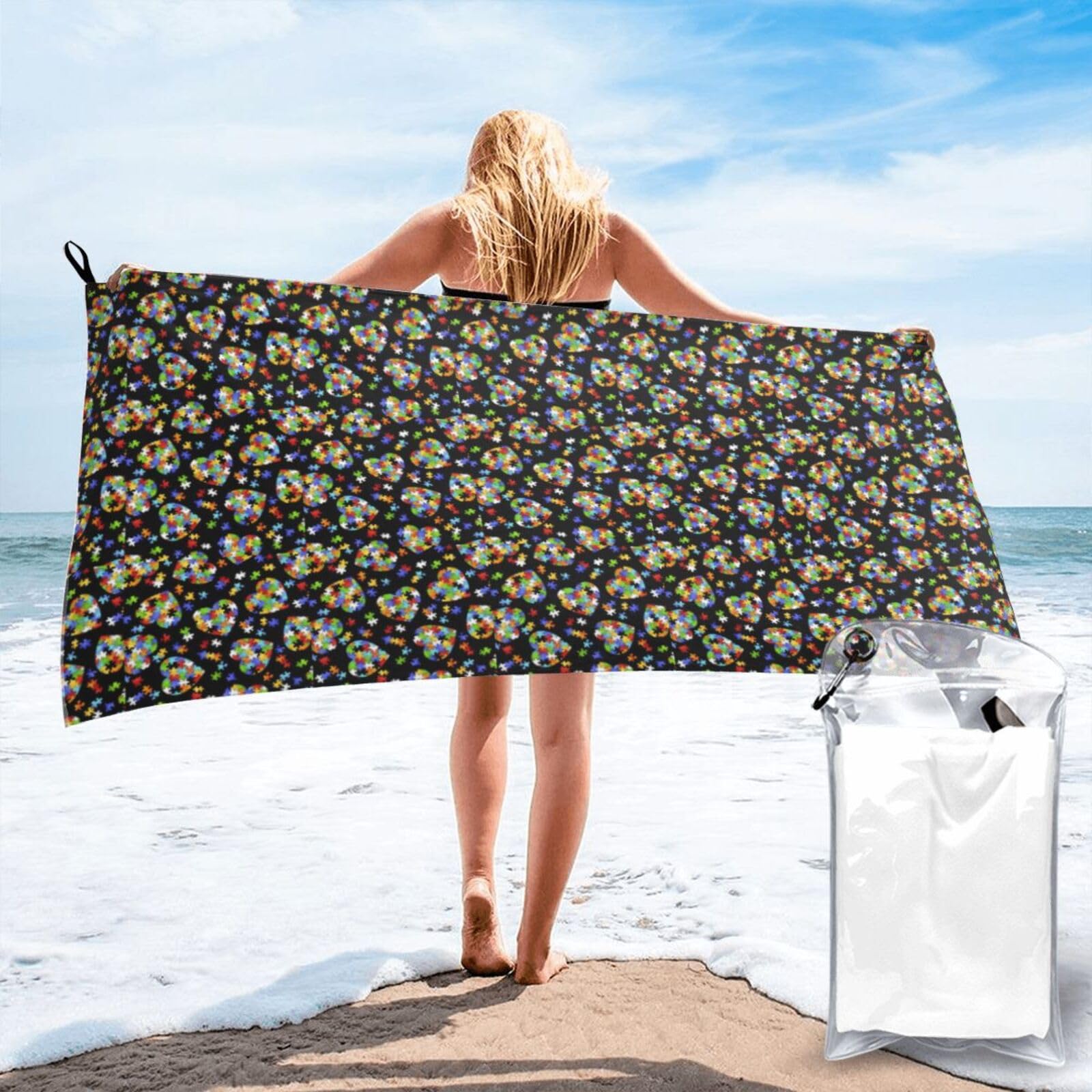 AYYQWE Autism Awareness Puzzle Pieces Heart Print Lightweight Towel For Men Women Travel Beach Camping Hiking Yoga Swimming Sports