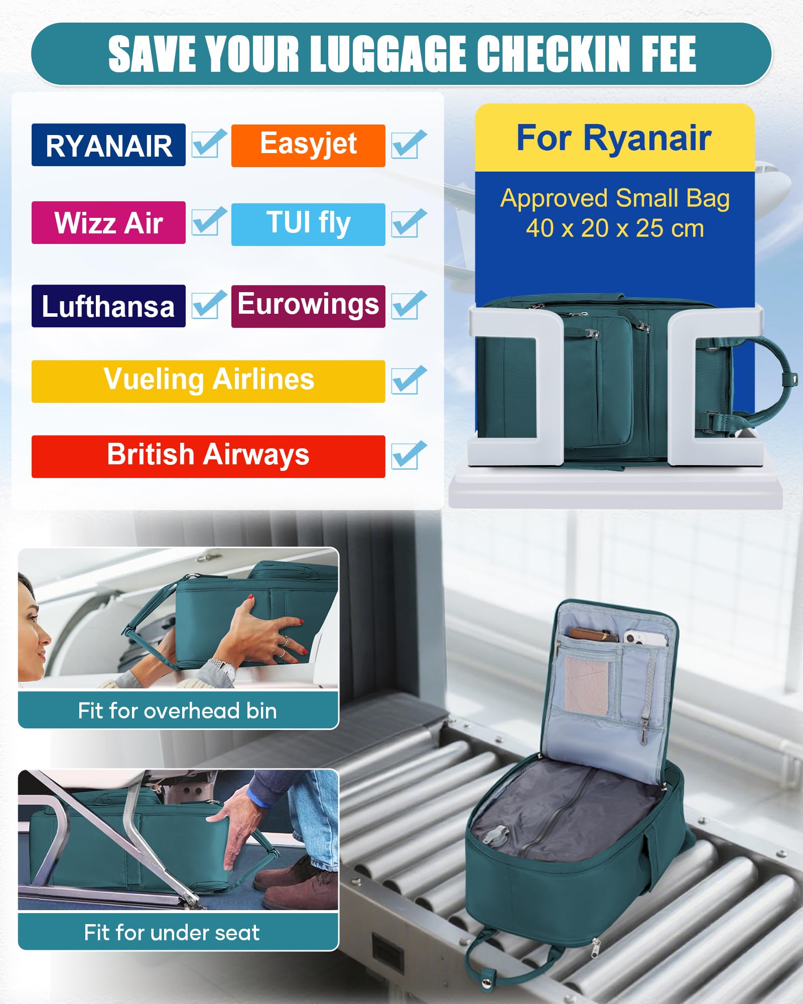 BJLFS Zaino Ryanair 40x30x20 Sottovuoto con Pompa Zaino da Viaggio Ryanair 40x20x25 Borse da Cabina per Wizzair Bagaglio a mano Easyjet Sottovuoto Zaino Casual per Laptop 14 Pollici