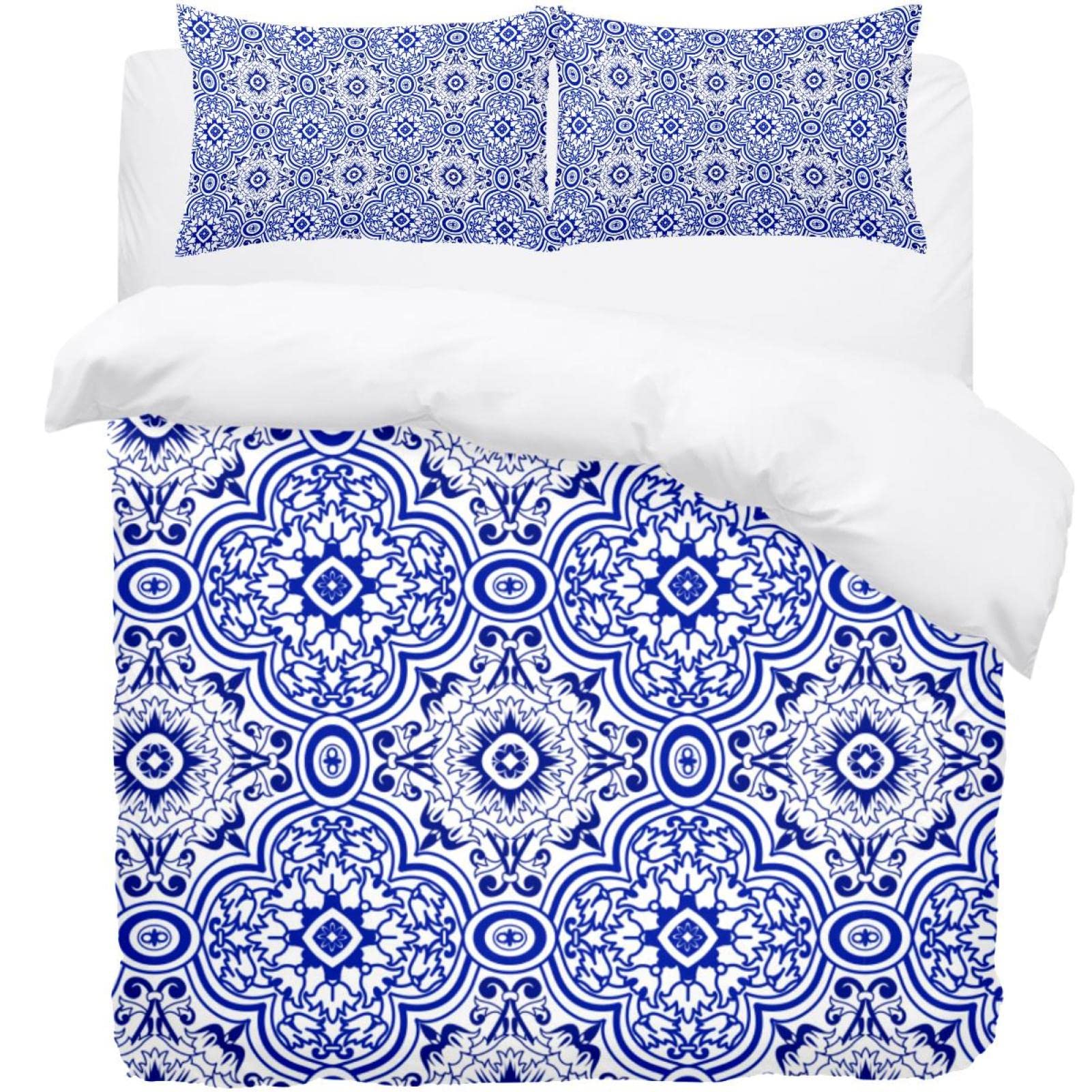 Housse de couette bleu ultra douce et ses 2 taies d'oreiller anti-plis