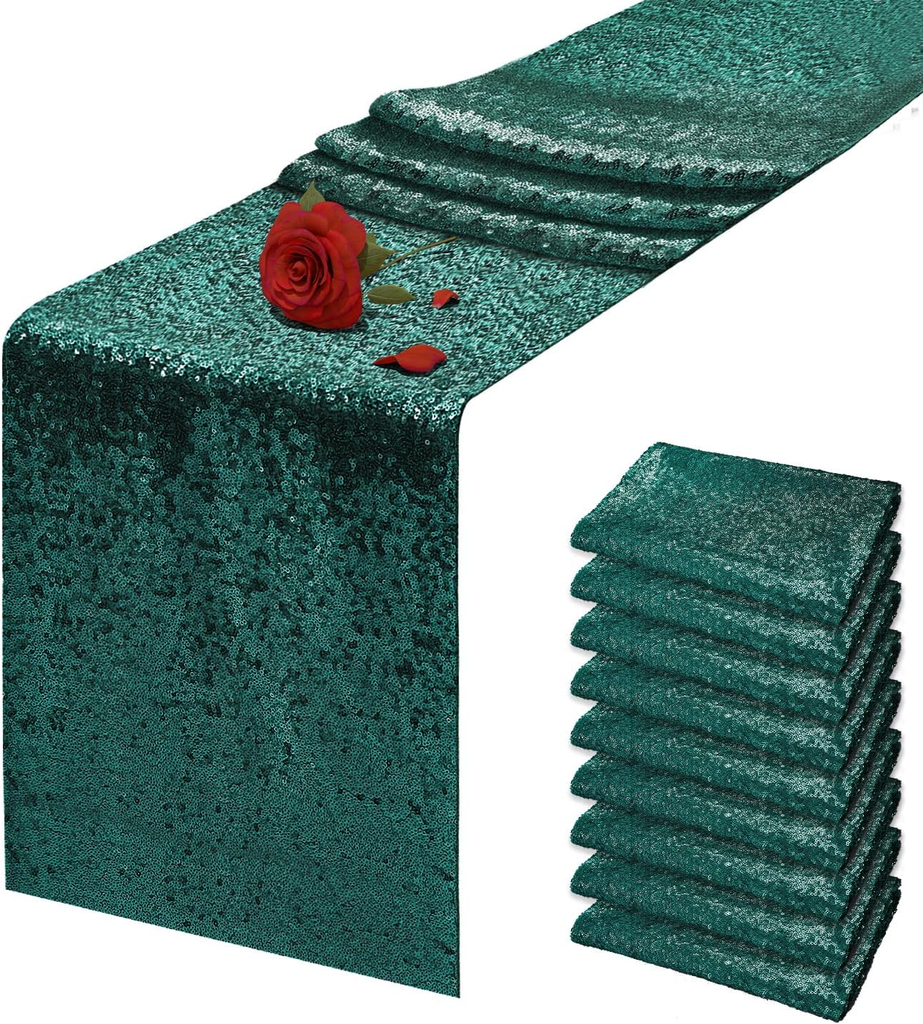 10 Packs 12 x 72 inches Emerald Sequin Table Runner, Glitter Runner for Birthday Party Supplies Wedding Holiday Celebration Baby Shower Engagement Anniversary Decor
