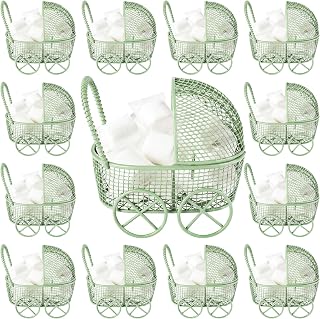 Threehoney 12 Pcs Baby Shower Mini Carriage Decoration Greenery Color Metal Wired Fillable Candy Stroller Baby Shower Table Centerpiece for Guest Gender Reveal Wedding Party Favor Gift