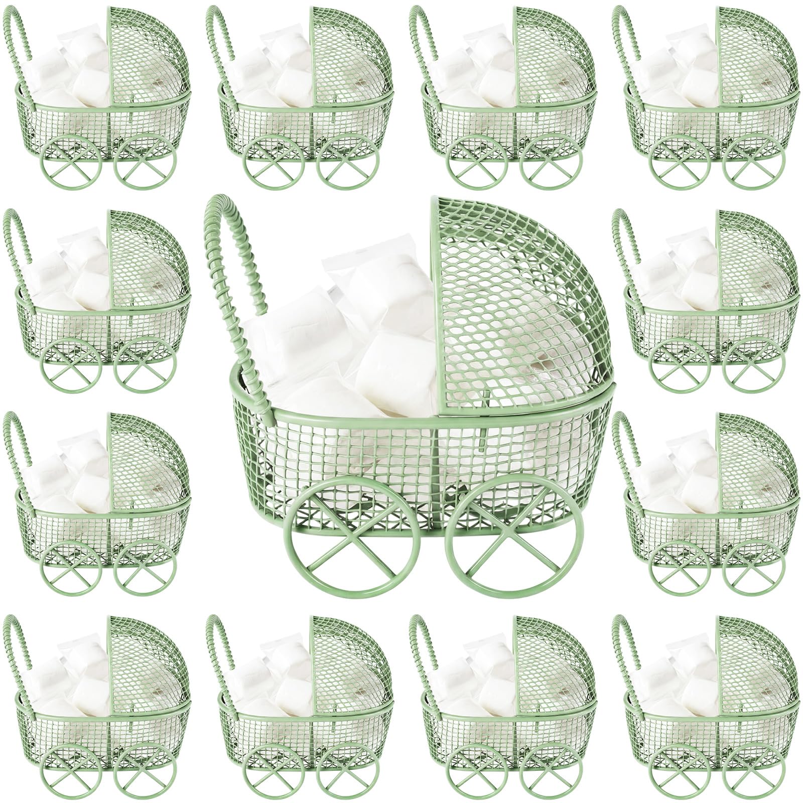 Threehoney 12 Pcs Baby Shower Mini Carriage Decoration Greenery Color Metal Wired Fillable Candy Stroller Baby Shower Table Centerpiece for Guest Gender Reveal Wedding Party Favor Gift