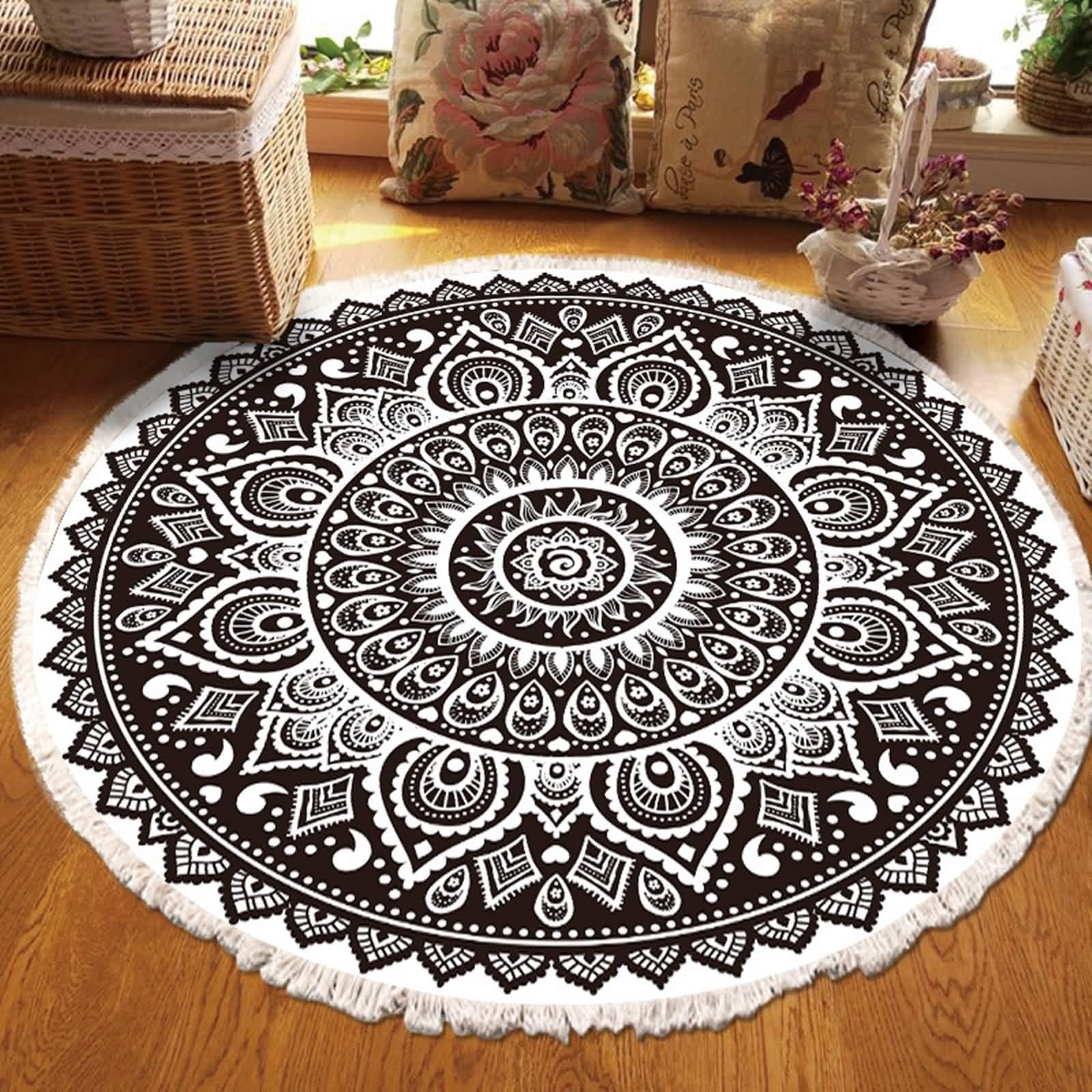 Teppich Balkon Klein, Polyester Mandala Blumenmuster mit Quaste Rund 90CM Schlafzimmer Teppiche Retro Akzent Wurf Teppich für Büro Esszimmer Kinderzimmer, Weiß Schwarz, Stil 3