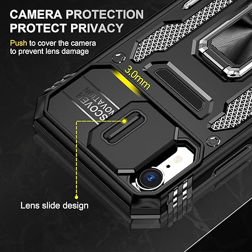 Miniatura 3 de Funda para iPhone XR con 2 protectores de pantalla, funda de cámara deslizante integrada, para teléfono XR con anillo de soporte de rotación de 360,