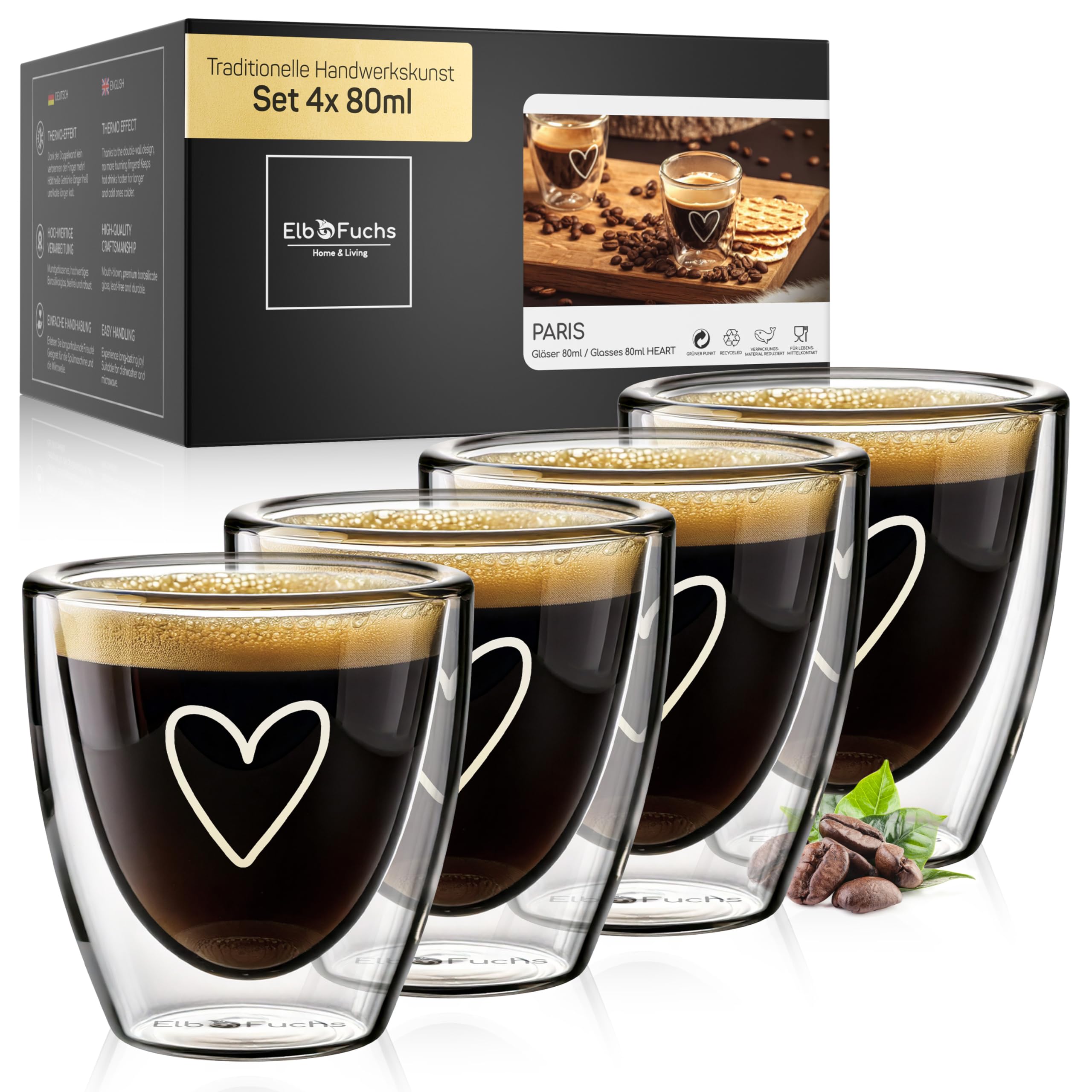ElbFuchs® Set di tazzine caffe espresso [4x 80 ml] vetro, particolari | trasparenti | doppia parete | Idee regalo donna compleanno, mamma