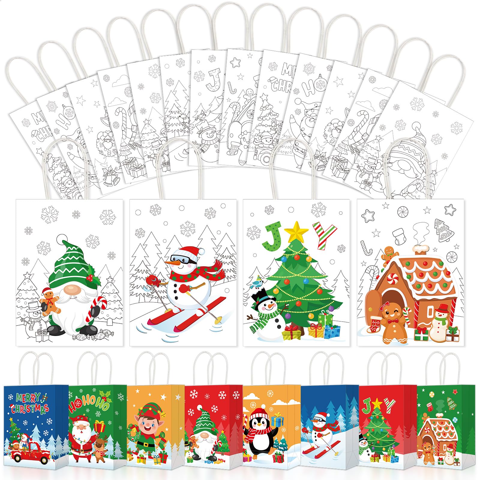 Pasimy 24 Pcs Winter Paper Gift Bags Winter Color Your Own Bags Christmas Coloring Goodie Bag for Xmas DIY Painting Crafts Classroom Activity Party