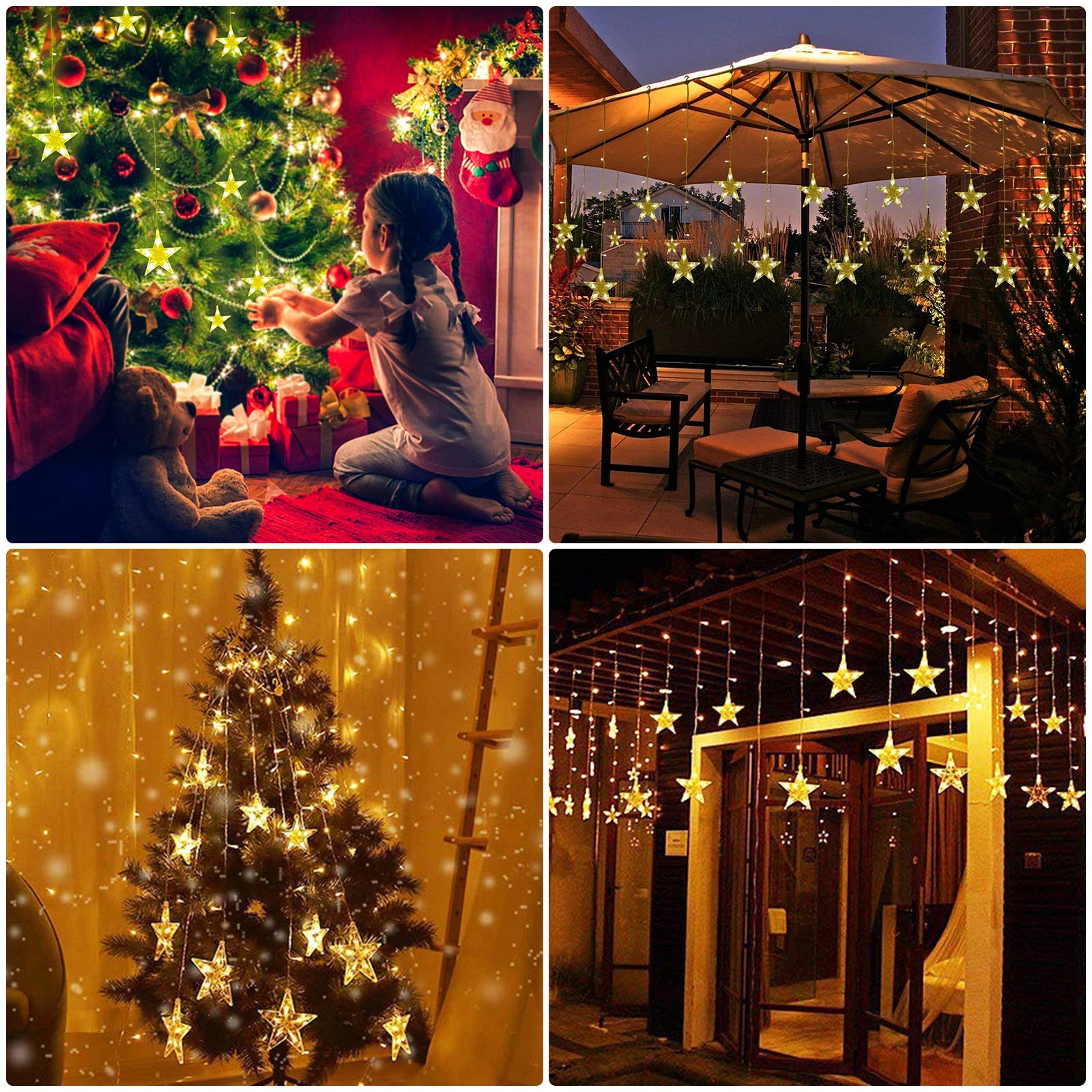 BLOOMWIN Lichtervorhang Stern Lichterkettenvorhang USB 8Modi Stimmungslichter Weihnachtsbeleuchtung für Fenster Tür Innen Sternenvorhang Warmweiß (Packung mit 2)