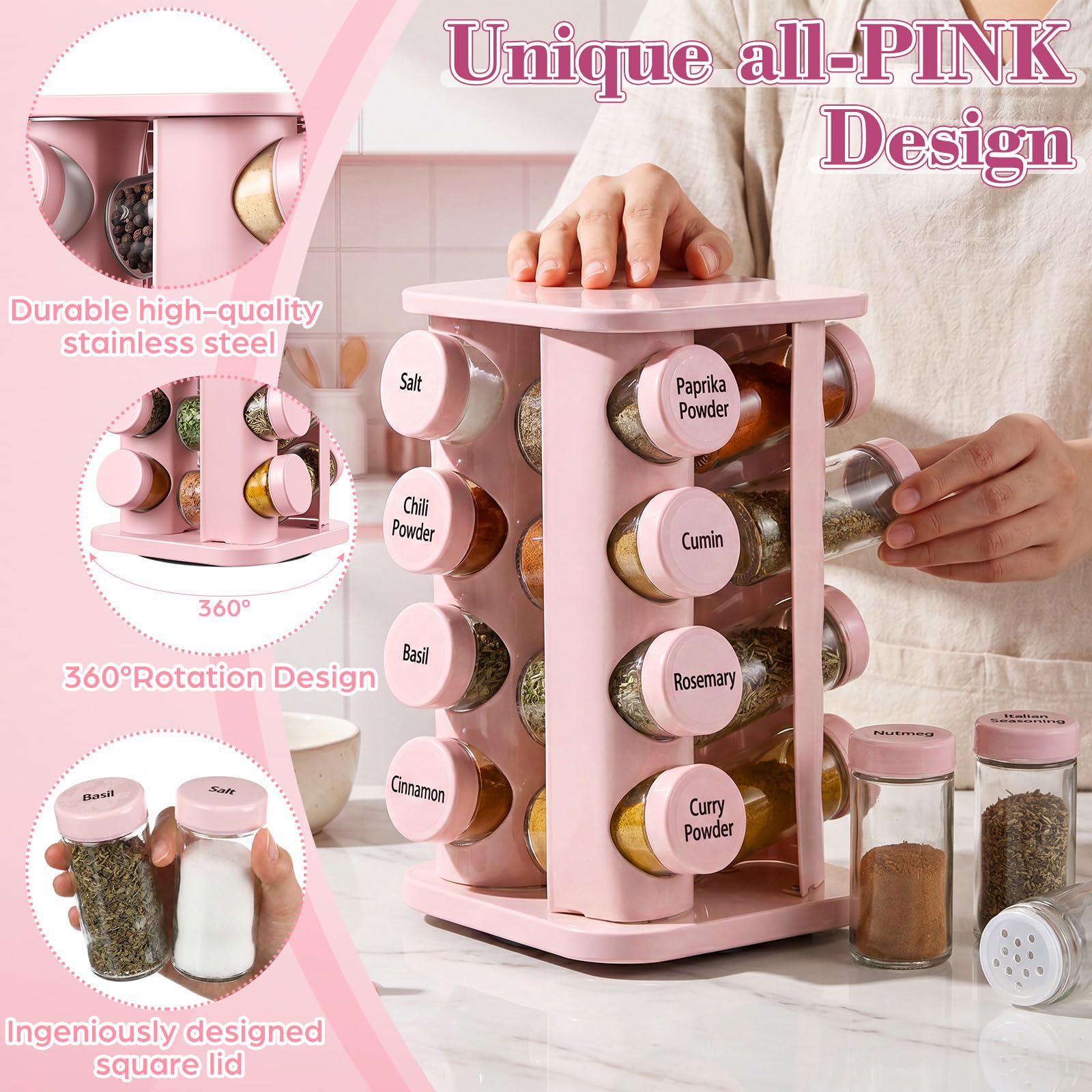 Yungyan Rosa quadratisches drehbares Gewürzregal Gewürz-Organizer mit 16 leeren Gläsern, Gewürzbehälter-Set mit Etiketten und Trichter, drehbares Gewürzregal für Küchenzubehör