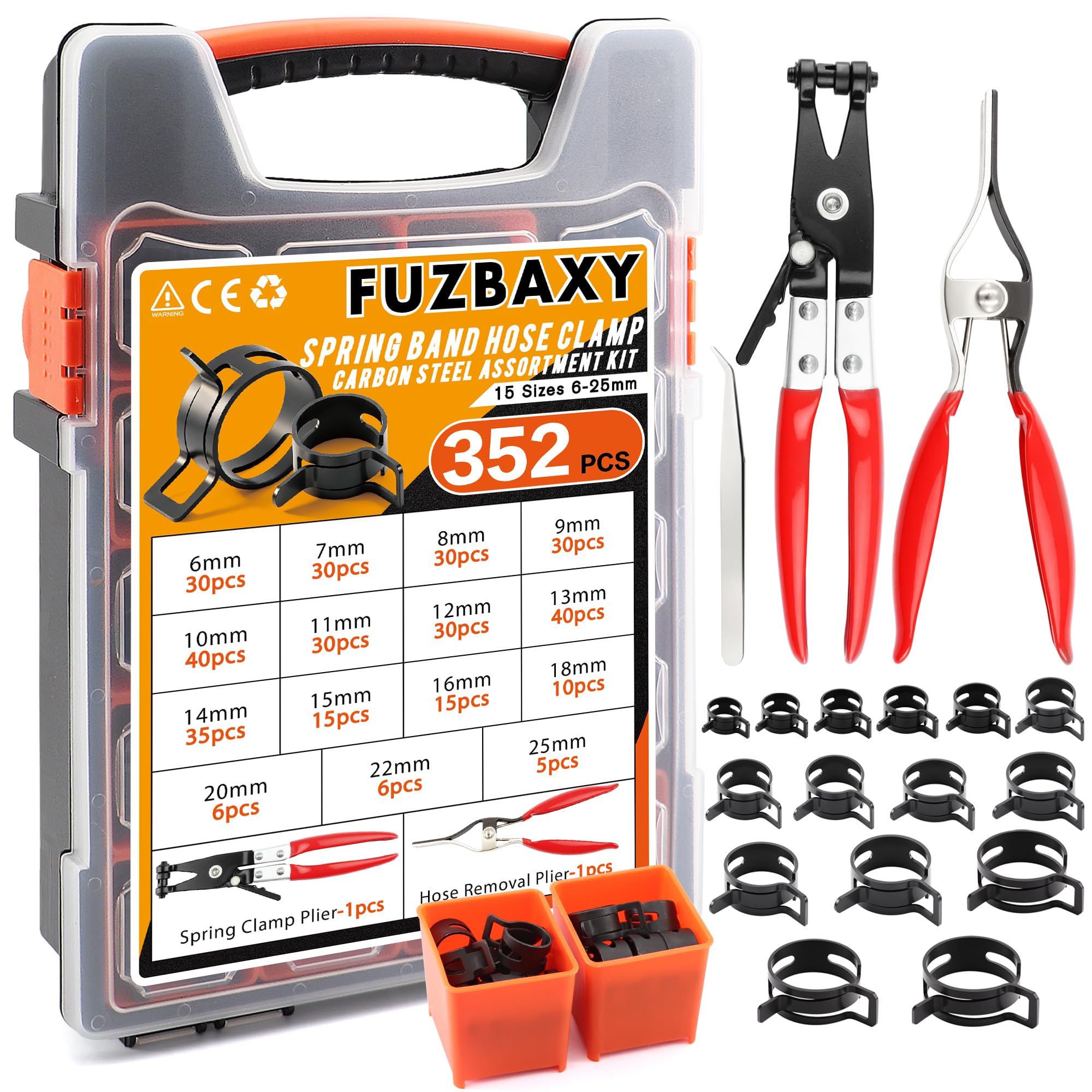 352Pcs Spring Hose Clamp Kit with Pliers 15 Sizes 6-25mm for Fuel Lines