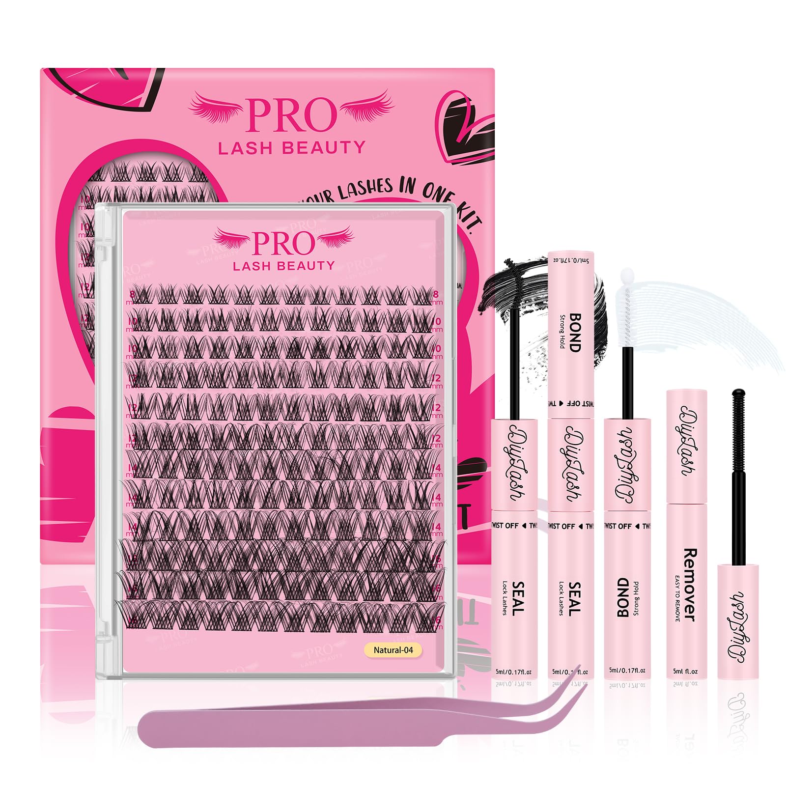 PRO Lash Extension Kit Natural Individual Lashes D Curl Cluster Eyelash 8-16mm Individual lashes Kit with Bond, Lash Remover