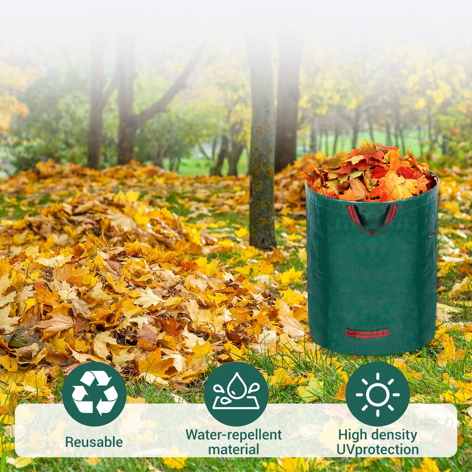 USHOP Worek Ogrodowy, 4x 272L (76x67cm) z 4 Uchwytami, Zbieracz do Liści, Wodoodporny, do Trawy, Liści, Odpadów Zielonych, Wielokrotnego Użytku (w Zestawie Rękawice)